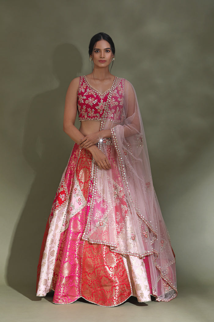 Buy stunning pink, white and red embroidered lehenga online in USA with dupatta. Look your best at weddings and parties in Indian dresses, designer lehengas, Anarkali suits, designer gowns, salwar suits, sharara suits from Pure Elegance Indian fashion store in USA.-full view