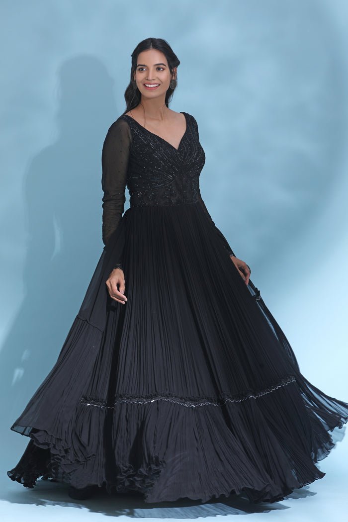 Buy beautiful black embellished Anarkali suit online in USA with dupatta. Look your best at weddings and parties in Indian dresses, designer lehengas, Anarkali suits, designer gowns, salwar suits, sharara suits from Pure Elegance Indian fashion store in USA.-full view