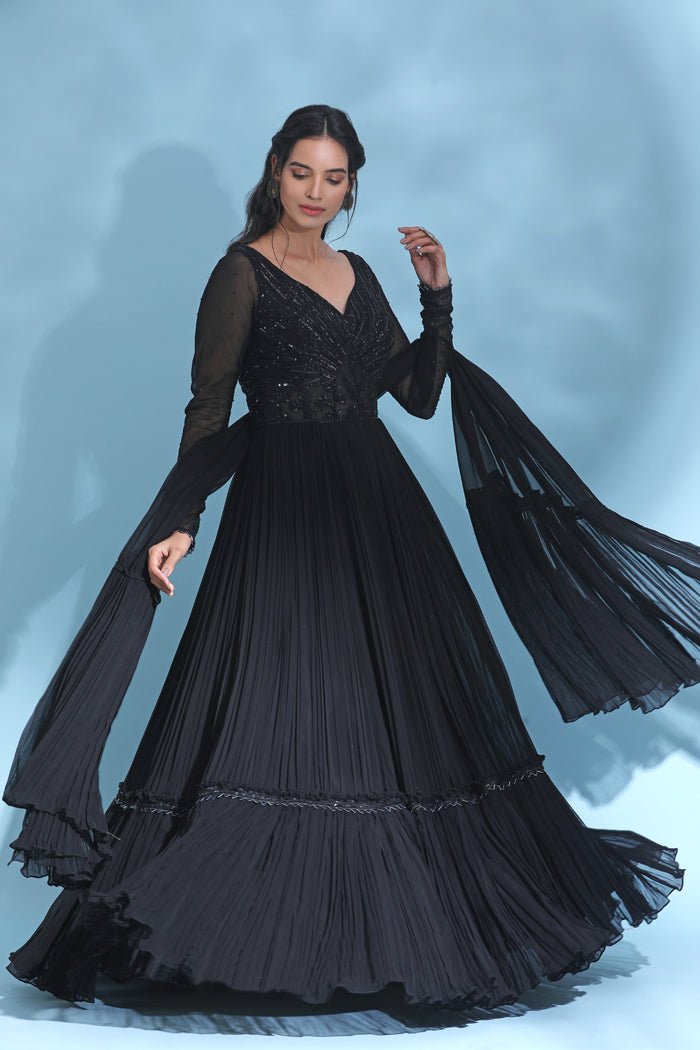 Buy beautiful black embellished Anarkali suit online in USA with dupatta. Look your best at weddings and parties in Indian dresses, designer lehengas, Anarkali suits, designer gowns, salwar suits, sharara suits from Pure Elegance Indian fashion store in USA.-right