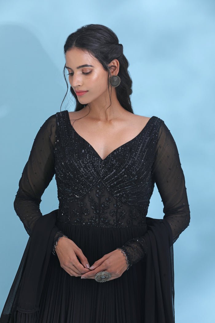 Buy beautiful black embellished Anarkali suit online in USA with dupatta. Look your best at weddings and parties in Indian dresses, designer lehengas, Anarkali suits, designer gowns, salwar suits, sharara suits from Pure Elegance Indian fashion store in USA.-closeup