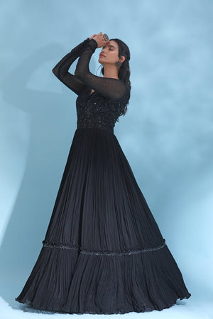 Buy beautiful black embellished Anarkali suit online in USA with dupatta. Look your best at weddings and parties in Indian dresses, designer lehengas, Anarkali suits, designer gowns, salwar suits, sharara suits from Pure Elegance Indian fashion store in USA.-left