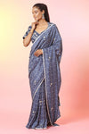 Shop stunning blue bandhej mirror work saree online in USA with mirror work blouse. Look your best at weddings and parties in Indian dresses, designer lehengas, Anarkali suits, designer gowns, salwar suits, sharara suits, embroidered sarees, designer sarees from Pure Elegance Indian fashion store in USA.-full view