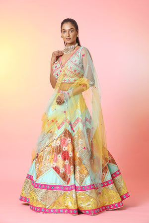 Shop stunning multicolor mirror work lehenga online in USA with dupatta. Look your best at weddings and parties in Indian dresses, designer lehengas, Anarkali suits, designer gowns, salwar suits, sharara suits, embroidered sarees, designer sarees from Pure Elegance Indian fashion store in USA.-side