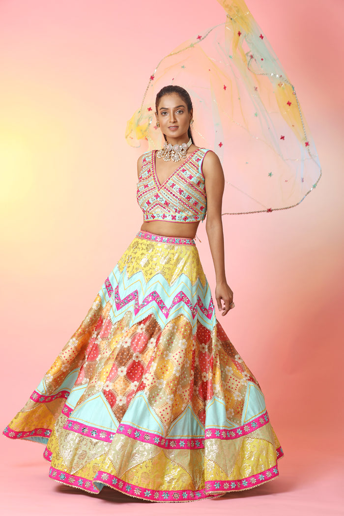 Shop stunning multicolor mirror work lehenga online in USA with dupatta. Look your best at weddings and parties in Indian dresses, designer lehengas, Anarkali suits, designer gowns, salwar suits, sharara suits, embroidered sarees, designer sarees from Pure Elegance Indian fashion store in USA.-full view