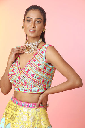 Shop stunning multicolor mirror work lehenga online in USA with dupatta. Look your best at weddings and parties in Indian dresses, designer lehengas, Anarkali suits, designer gowns, salwar suits, sharara suits, embroidered sarees, designer sarees from Pure Elegance Indian fashion store in USA.-closeup