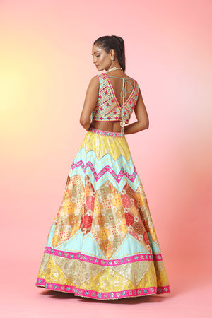 Shop stunning multicolor mirror work lehenga online in USA with dupatta. Look your best at weddings and parties in Indian dresses, designer lehengas, Anarkali suits, designer gowns, salwar suits, sharara suits, embroidered sarees, designer sarees from Pure Elegance Indian fashion store in USA.-back