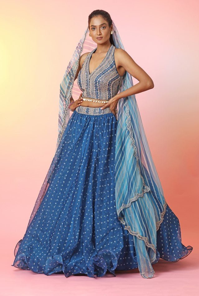 300701-RO Blue Bandhej Embroidered Lehenga with Dupatta