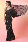 Buy beautiful black mirror work saree online in USA with halter neck blouse. Look your best at weddings and parties in Indian dresses, designer lehengas, Anarkali suits, designer gowns, salwar suits, sharara suits, embroidered sarees, designer sarees from Pure Elegance Indian fashion store in USA.-front