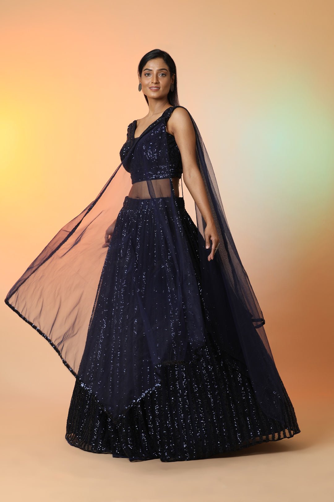 Buy midnight blue embellished designer lehenga online in USA with dupatta. Radiate glamor on special occasions in exquisite designer lehengas, Anarkali suits, wedding gowns, partywear saris, Bollywood sarees, fancy sarees from from Pure Elegance Indian saree store in USA.-dupatta