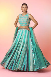 Shop beautiful green stripes embroidered lehenga online in USA with dupatta. Look your best at weddings and parties in Indian dresses, designer lehengas, Anarkali suits, designer gowns, salwar suits, sharara suits, embroidered sarees, designer sarees from Pure Elegance Indian fashion store in USA.-full view