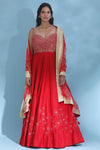 Shop red embroidered floorlength Anarkali online in USA with dupatta. Look your best at weddings and parties in Indian dresses, designer lehengas, Anarkali suits, designer gowns, salwar suits, sharara suits from Pure Elegance Indian fashion store in USA.-full view