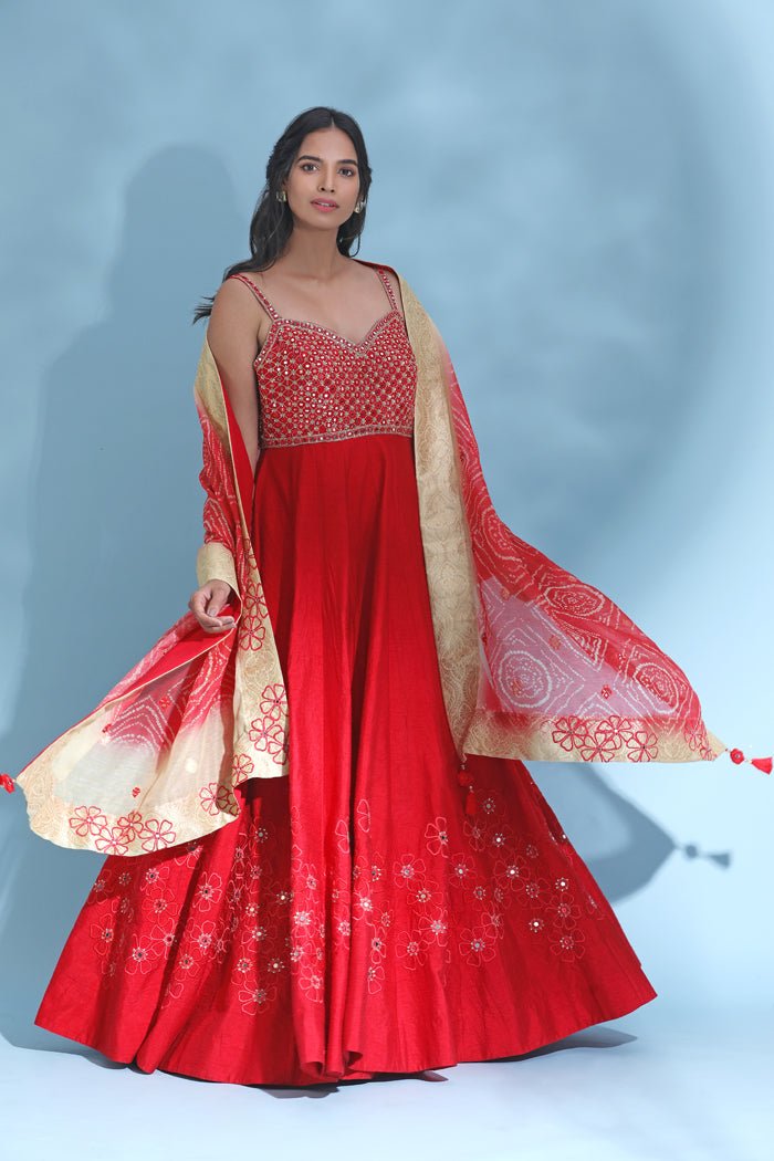 Shop red embroidered floorlength Anarkali online in USA with dupatta. Look your best at weddings and parties in Indian dresses, designer lehengas, Anarkali suits, designer gowns, salwar suits, sharara suits from Pure Elegance Indian fashion store in USA.-suit