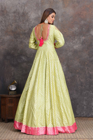 300722 Pista Green Chanderi Banarasi Anarkali with Pink Dupatta 300722 Pista Green Chanderi Banarasi Anarkali with Pink Dupatta