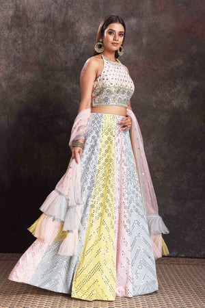 Buy beautiful multicolor pastel mirror work lehenga online in USA with ruffle dupatta. Look your ethnic best on festive occasions with latest designer sarees, pure silk sarees, Kanchipuram silk sarees, designer dresses, Anarkali suits, gown, embroidered sarees from Pure Elegance Indian fashion store in USA.-dupatta