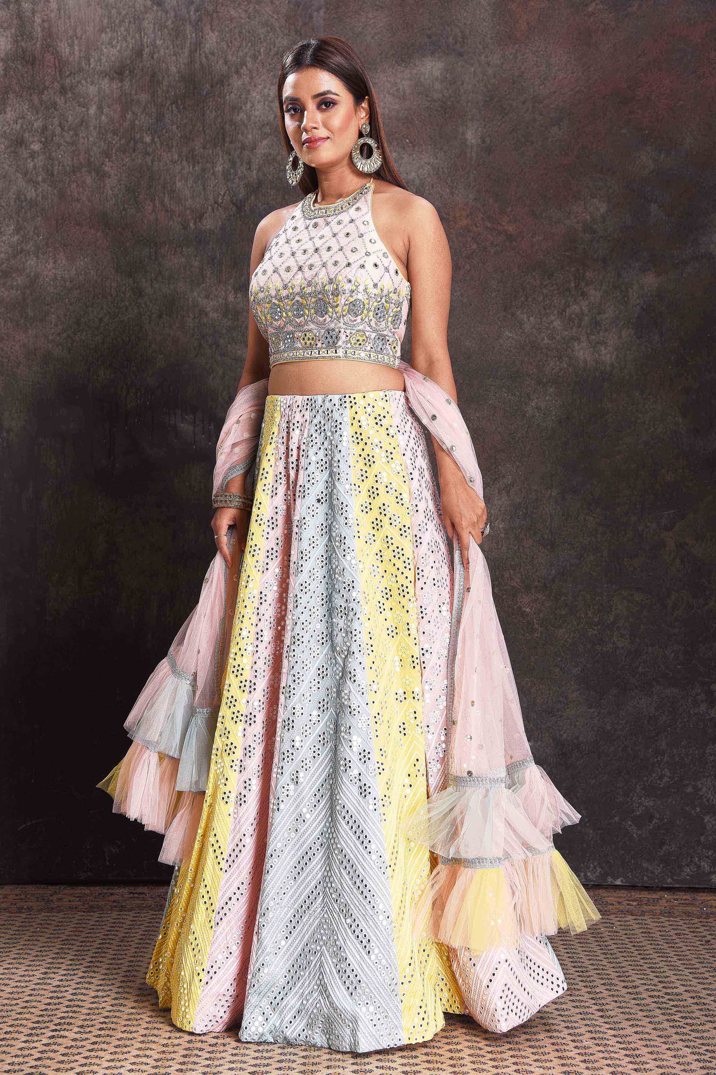 Buy beautiful multicolor pastel mirror work lehenga online in USA with ruffle dupatta. Look your ethnic best on festive occasions with latest designer sarees, pure silk sarees, Kanchipuram silk sarees, designer dresses, Anarkali suits, gown, embroidered sarees from Pure Elegance Indian fashion store in USA.-lehenga