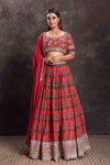 Buy tomato red printed and embroidered designer lehenga online in USA. Look your ethnic best on festive occasions with latest designer sarees, pure silk sarees, Kanchipuram silk sarees, designer dresses, Anarkali suits, gown, embroidered sarees from Pure Elegance Indian fashion store in USA.-full view