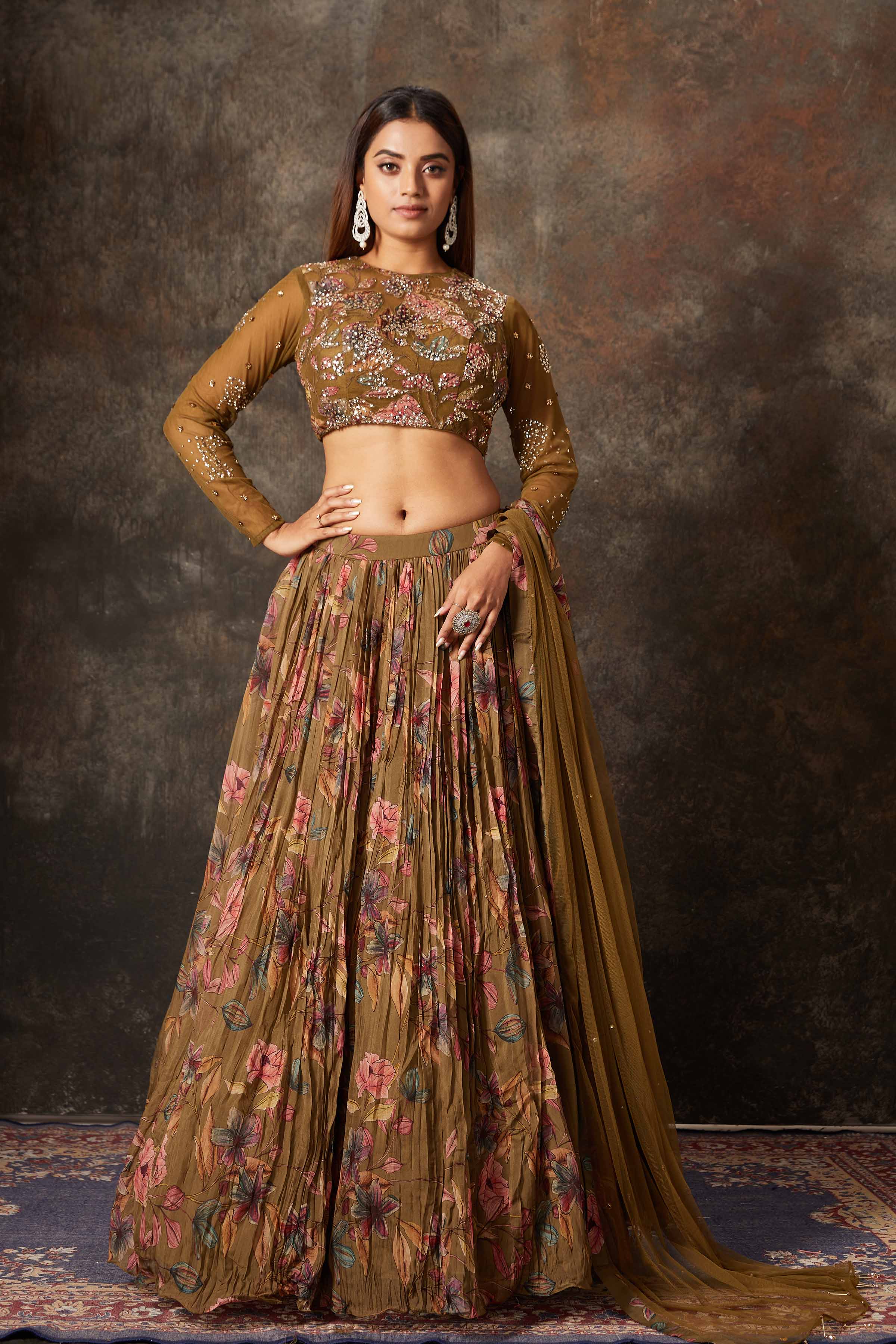 Buy brown printed and embroidered designer lehenga online in USA. Look stylish at parties and special occasions in beautiful designer sarees, embroidered sarees, handwoven silk, party sarees, lehengas, Anarkali suits from Pure Elegance Indian fashion store in USA.-full view