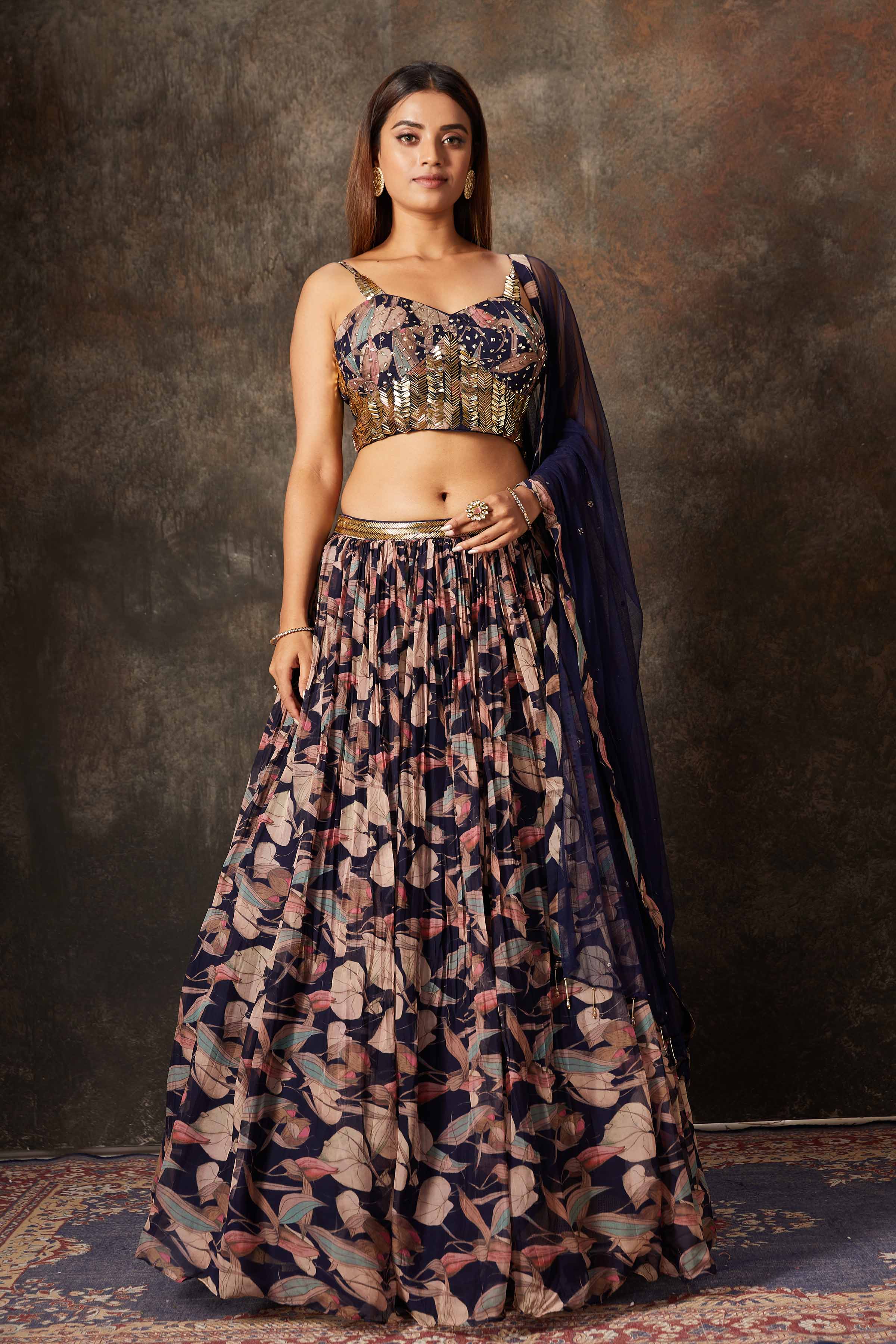 Buy beautiful blue printed and embroidered designer lehenga online in USA. Look stylish at parties and special occasions in beautiful designer sarees, embroidered sarees, handwoven silk, party sarees, lehengas, Anarkali suits from Pure Elegance Indian fashion store in USA.-full view