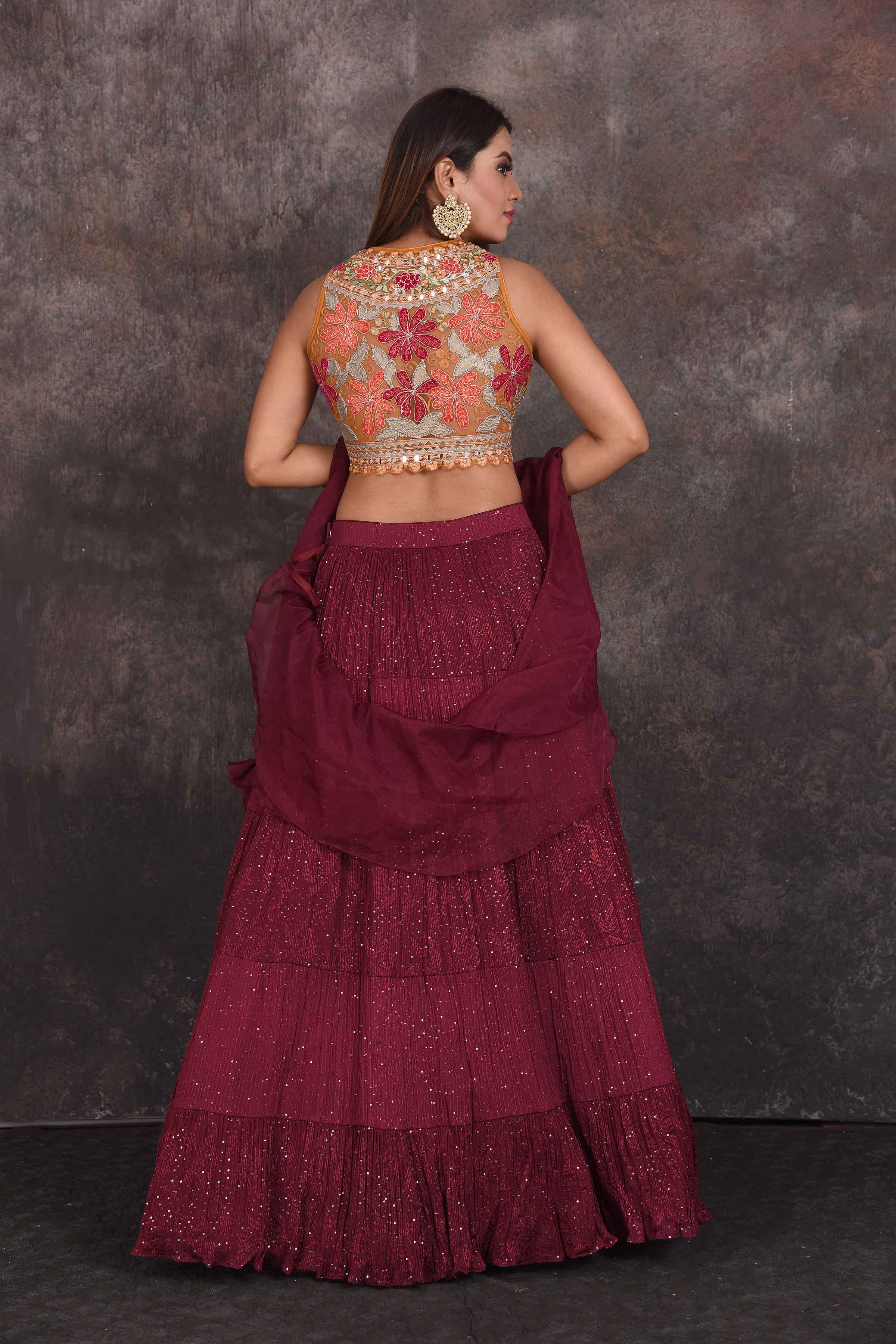 Buy wine color designer lehenga online in USA with multicolor blouse. Be the star of the occasion in this stylish designer lehengas, designer gowns, Indowestern dresses, Anarkali suits, sharara suits from Pure Elegance Indian fashion store in USA.-back