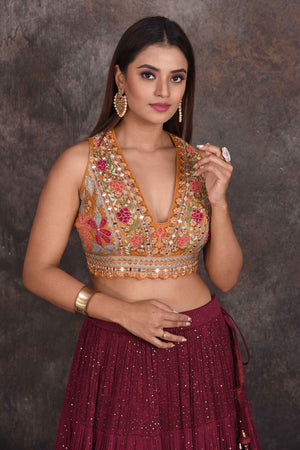 Buy wine color designer lehenga online in USA with multicolor blouse. Be the star of the occasion in this stylish designer lehengas, designer gowns, Indowestern dresses, Anarkali suits, sharara suits from Pure Elegance Indian fashion store in USA.-closeup