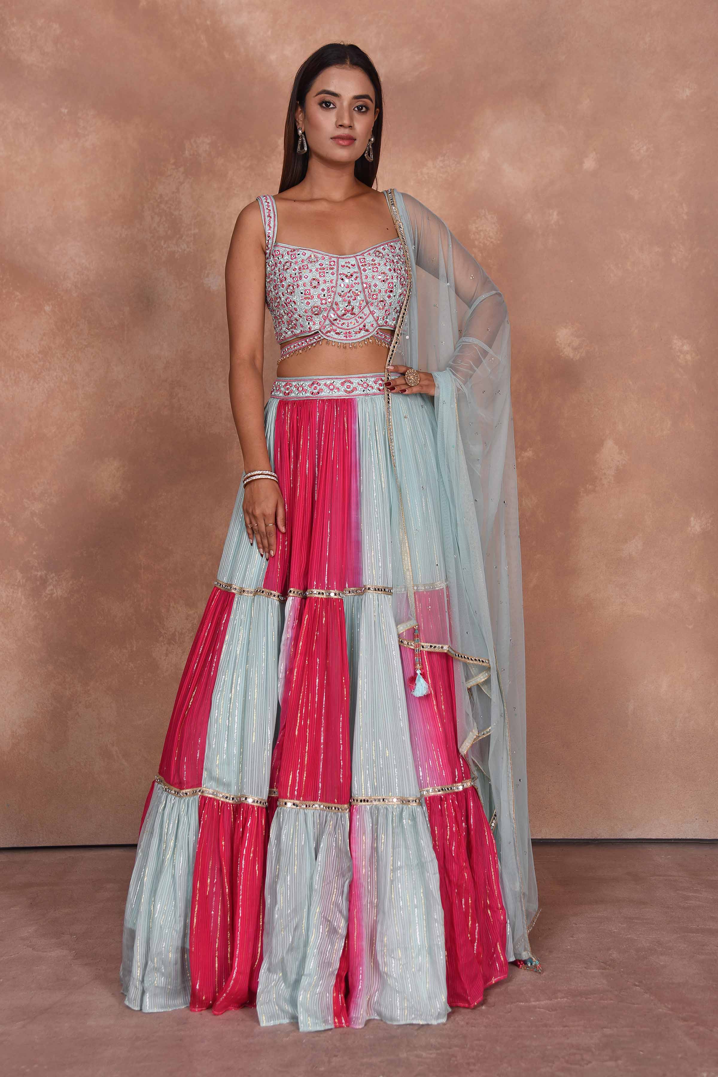 Buy beautiful powder blue and pink designer lehenga online in USA. Dazzle on weddings and special occasions with exquisite Indian designer dresses, embroidered sarees, partywear sarees, Bollywood sarees, handloom sarees, designer lehenga, Anarkali suits from Pure Elegance Indian clothing store in USA.-full view