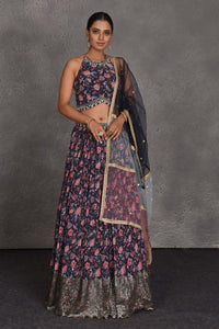 Buy beautiful dark blue printed lehenga online in USA with sequin border and dupatta. Flaunt your Indian style on festive occasions in stunning designer lehengas, Anarkali suit, sharara suits, designer gowns, designer sarees, embroidered sarees from Pure Elegance India fashion store in USA. -full view