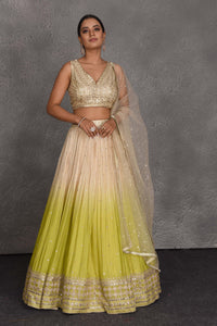 Buy cream and green sequin embroidery lehenga online in USA with dupatta. Flaunt your Indian style on festive occasions in stunning designer lehengas, Anarkali suit, sharara suits, designer gowns, designer sarees, embroidered sarees from Pure Elegance India fashion store in USA. -full view