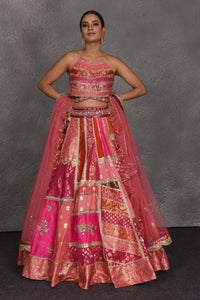 Shop pink patch work Banarasi embroidered lehenga online in USA with dupatta. Flaunt your Indian style on festive occasions in stunning designer lehengas, Anarkali suit, sharara suits, designer gowns, designer sarees, embroidered sarees from Pure Elegance India fashion store in USA. -full view