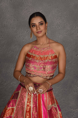 Shop pink patch work Banarasi embroidered lehenga online in USA with dupatta. Flaunt your Indian style on festive occasions in stunning designer lehengas, Anarkali suit, sharara suits, designer gowns, designer sarees, embroidered sarees from Pure Elegance India fashion store in USA. -closeup