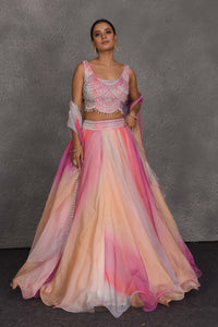 Buy stunning peach and pink embroidered designer lehenga online in USA with dupatta. Flaunt your Indian style on festive occasions in stunning designer lehengas, Anarkali suit, sharara suits, designer gowns, designer sarees, embroidered sarees from Pure Elegance India fashion store in USA. -full view