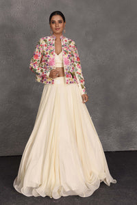 Shop beautiful cream skirt set online in USA with embroidered jacket. Flaunt your Indian style on festive occasions in stunning designer lehengas, Anarkali suit, sharara suits, designer gowns, designer sarees, embroidered sarees from Pure Elegance India fashion store in USA. -full view