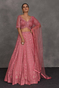 Shop blush pink embroidered designer lehenga online in USA with dupatta. Flaunt your Indian style on festive occasions in stunning designer lehengas, Anarkali suit, sharara suits, designer gowns, designer sarees, embroidered sarees from Pure Elegance India fashion store in USA. -full view