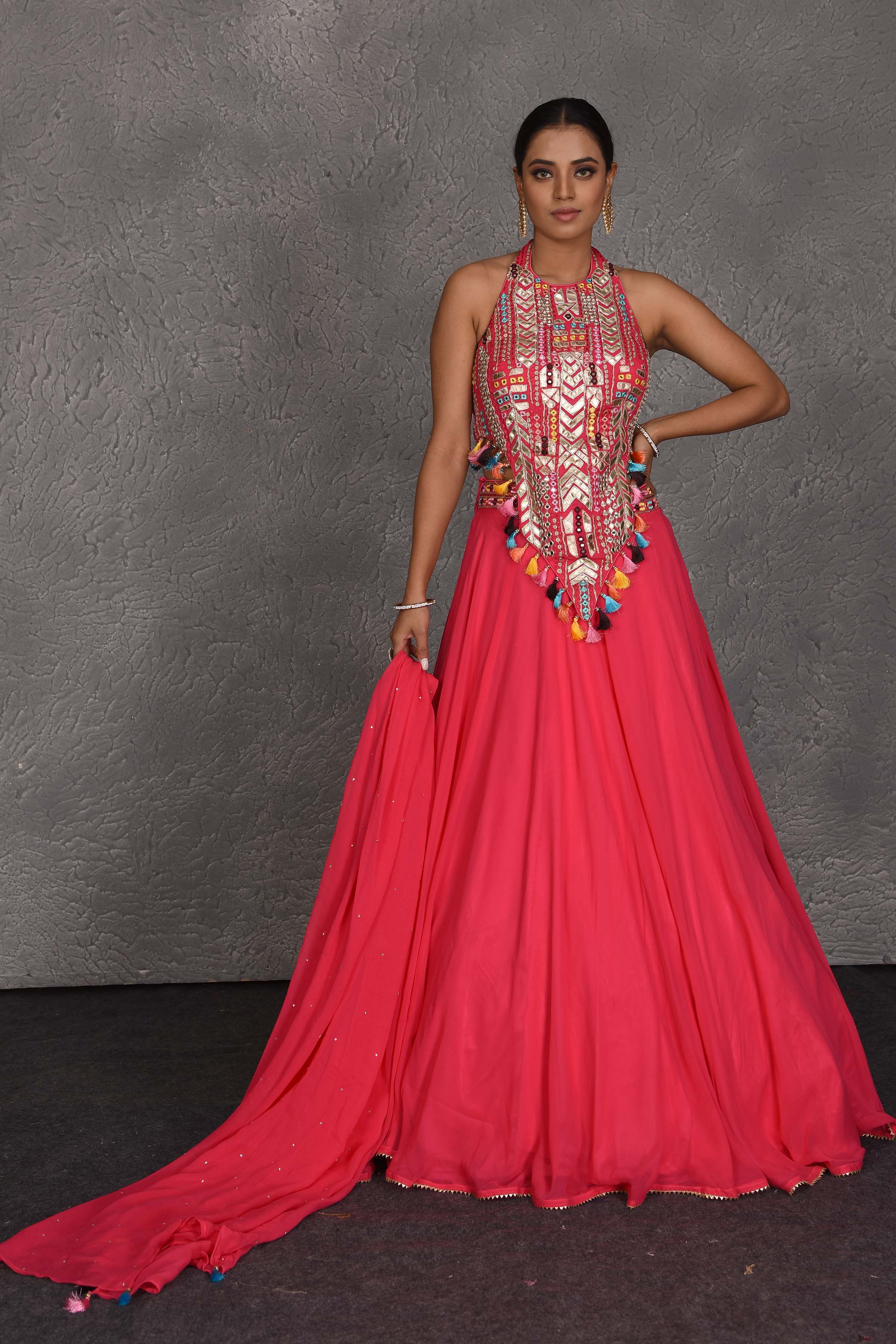 300766-RO Pink Boho Lehenga with Halter Neck Blouse 300766-RO Pink Boho Lehenga with Halter Neck Blouse