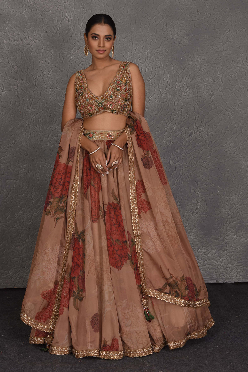 Shop beautiful brown floral printed lehenga online in USA with embroidered blouse. Flaunt your Indian style on festive occasions in stunning designer lehengas, Anarkali suit, sharara suits, designer gowns, designer sarees, embroidered sarees from Pure Elegance India fashion store in USA. -full view