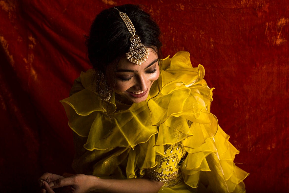 Yellow Embroidered Organza Lengha With Blouse And Duppatta - very close up