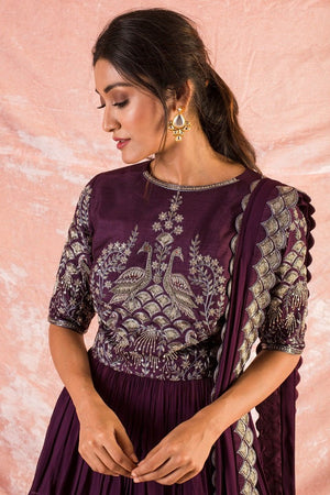 Purple Embroidered Georgette Lengha With Blouse And Duppatta Online in USA-close up