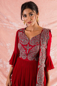 Red Embroidered Georgette Suit With Duppatta Online in USA-close up