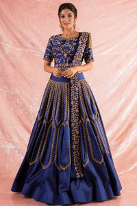 Blue Embroidered Silk Lengha With Blouse And Duppata Online in USA-full view
