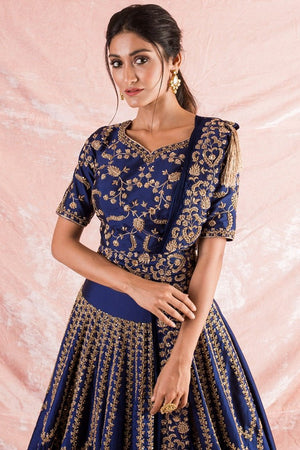 Blue Embroidered Silk Lengha With Blouse And Duppata Online in USA-close up