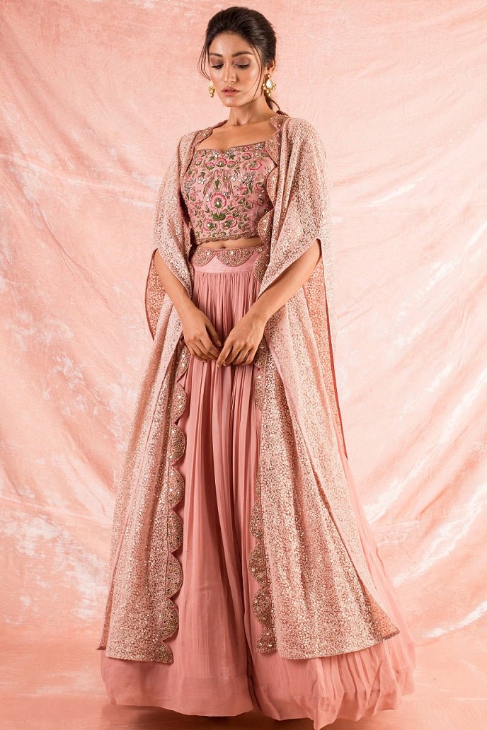 Pink Embroidered Georgette Lengha With Blouse-full view