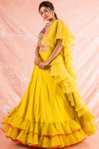 Yellow Embroidered Organza Lengha With Blouse Online in USA-full view