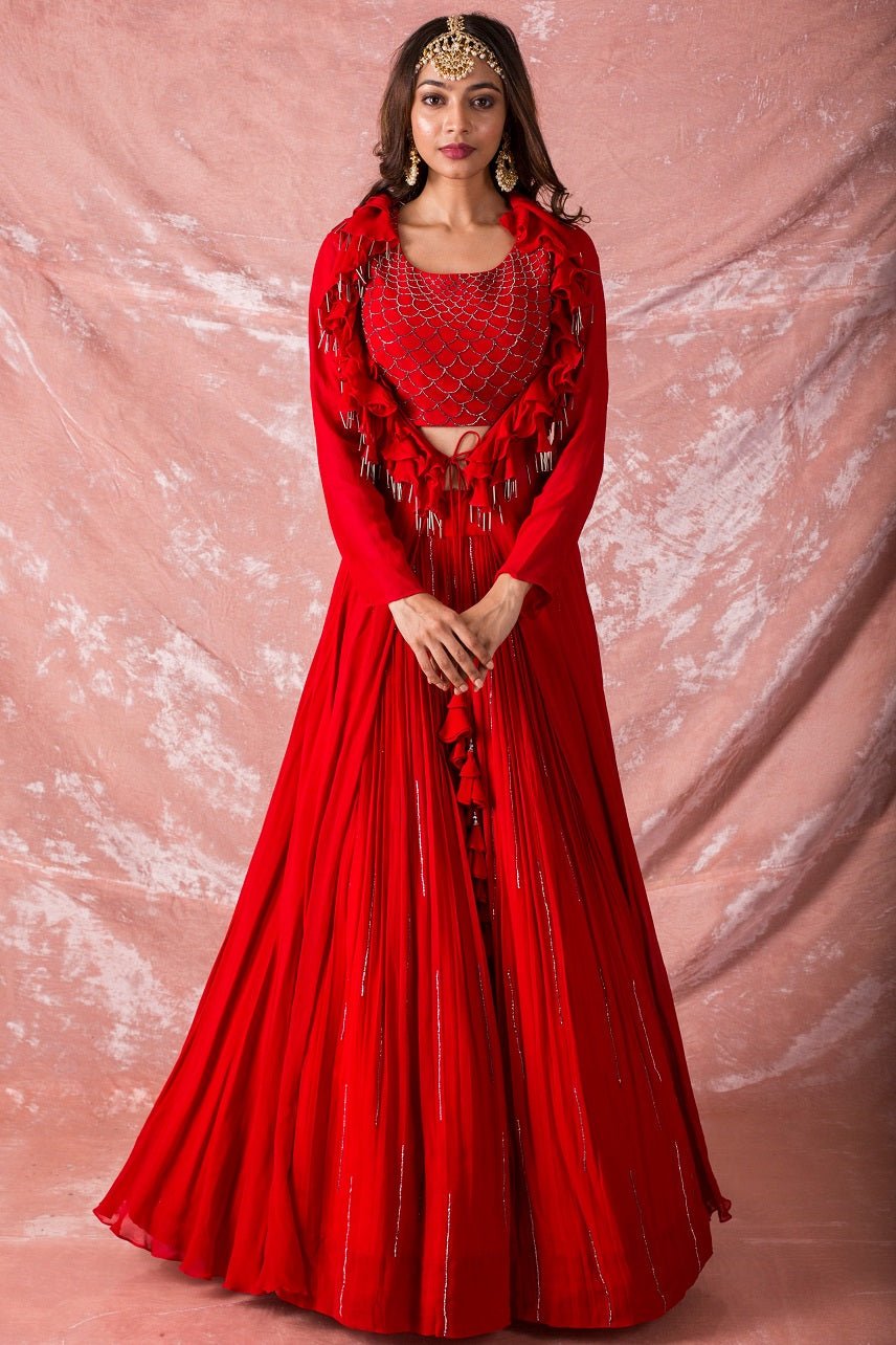 Red Embroidered Georgette Lengha With Blouse Online in USA-full view