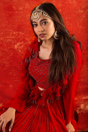 Red Embroidered Georgette Lengha With Blouse Online in USA-close up