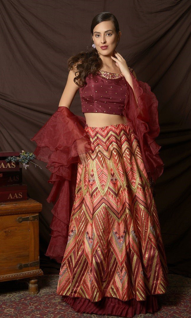 Shop beautiful maroon and multicolor embroidered organza lehenga online in USA with dupatta. Shine at weddings and special occasions with beautiful Indian designer dresses, gowns, lehengas from Pure Elegance Indian clothing store in USA.-full view