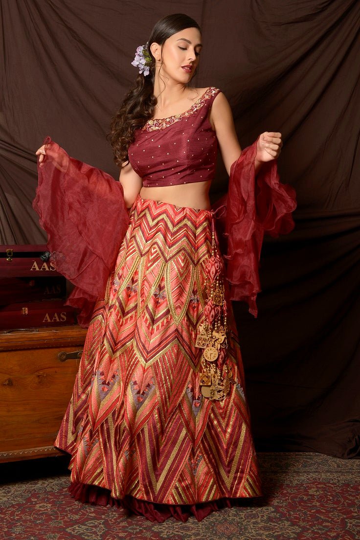 Shop beautiful maroon and multicolor embroidered organza lehenga online in USA with dupatta. Shine at weddings and special occasions with beautiful Indian designer dresses, gowns, lehengas from Pure Elegance Indian clothing store in USA.-front