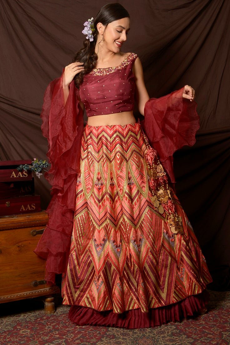 Shop beautiful maroon and multicolor embroidered organza lehenga online in USA with dupatta. Shine at weddings and special occasions with beautiful Indian designer dresses, gowns, lehengas from Pure Elegance Indian clothing store in USA.-side