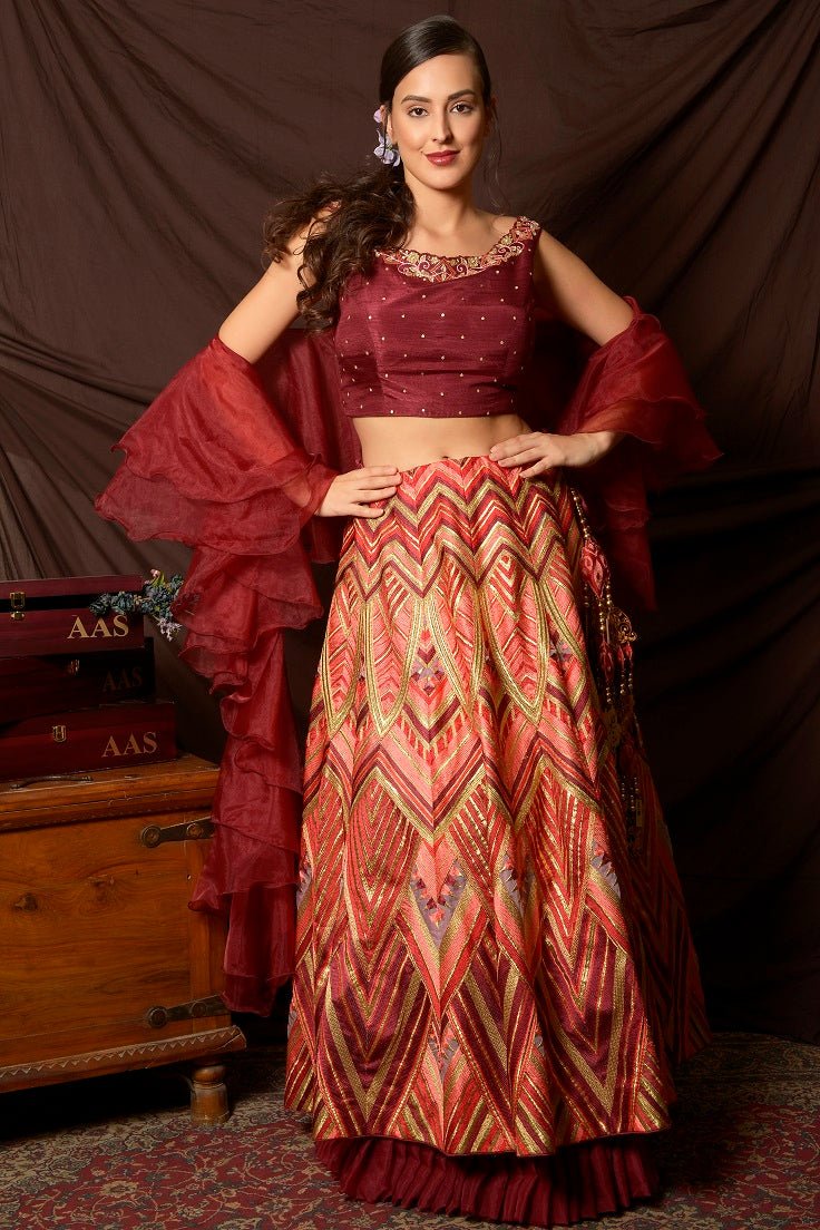 Shop beautiful maroon and multicolor embroidered organza lehenga online in USA with dupatta. Shine at weddings and special occasions with beautiful Indian designer dresses, gowns, lehengas from Pure Elegance Indian clothing store in USA.-lehenga 