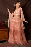 Shop lovely peach color embroidered silk lehenga online in USA with dupatta. Shine at weddings and special occasions with beautiful Indian designer dresses, gowns, lehengas from Pure Elegance Indian clothing store in USA.-full view