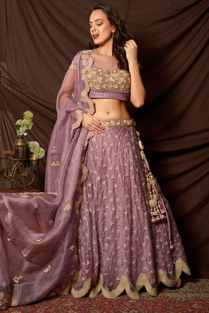Buy attractive mauve color embroidered organza lehenga online in USA with dupatta. Shine at weddings and special occasions with beautiful Indian designer dresses, gowns, lehengas from Pure Elegance Indian clothing store in USA.-lehenga