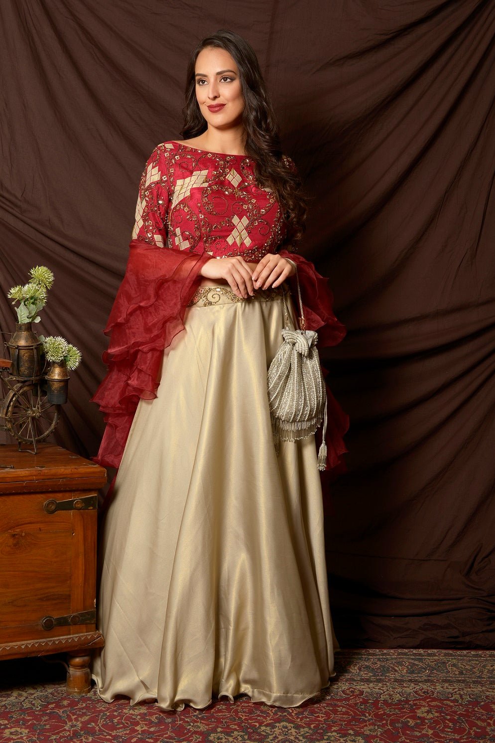 Buy gorgeous maroon and grey embroidered shimmer and chiffon lehenga online in USA. Shine at weddings and special occasions with beautiful Indian designer dresses, gowns, lehengas from Pure Elegance Indian clothing store in USA.-full view